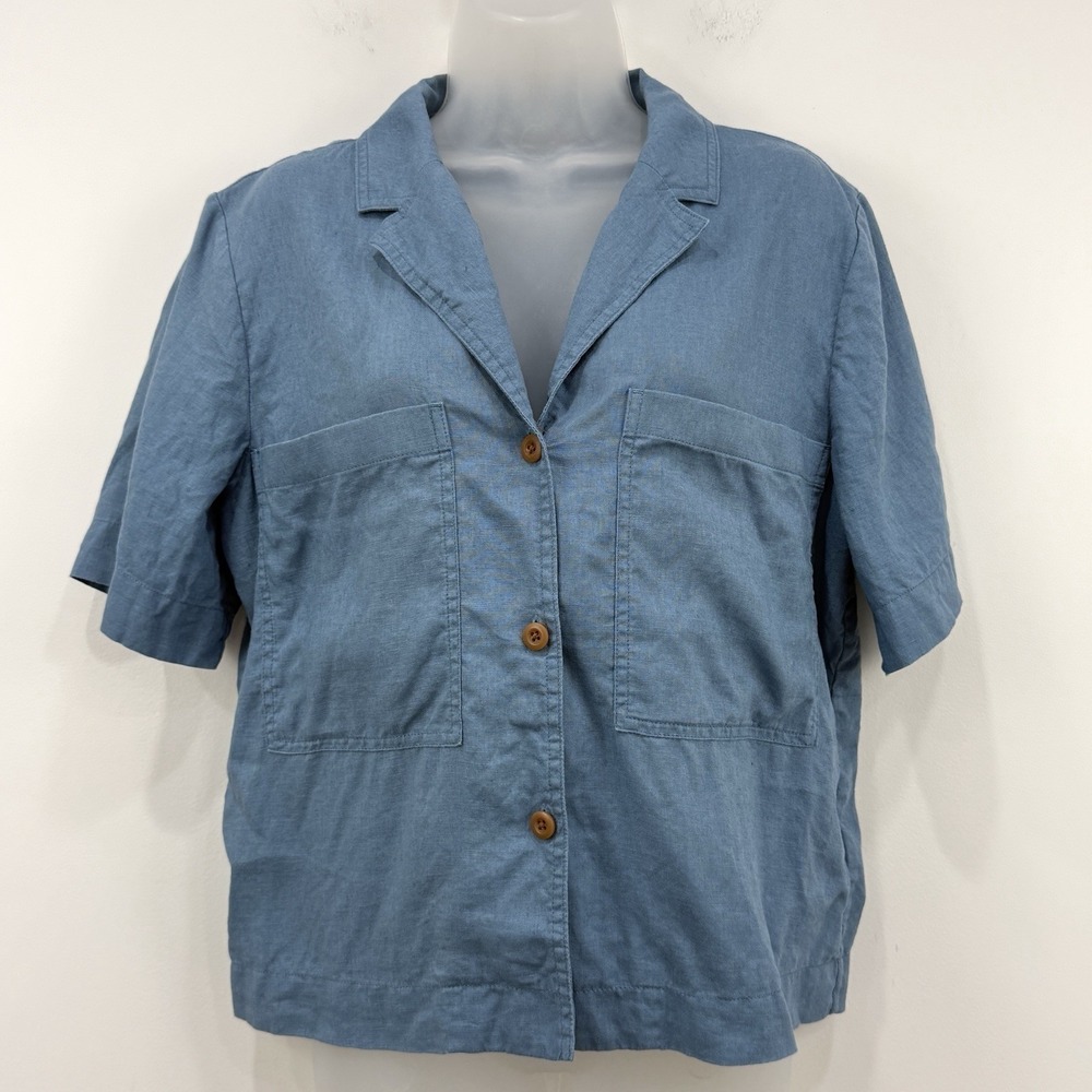 Everlane Linen Workwear Shirt M Blue Boxy Lagenlook Coastal Beachy Sustainable